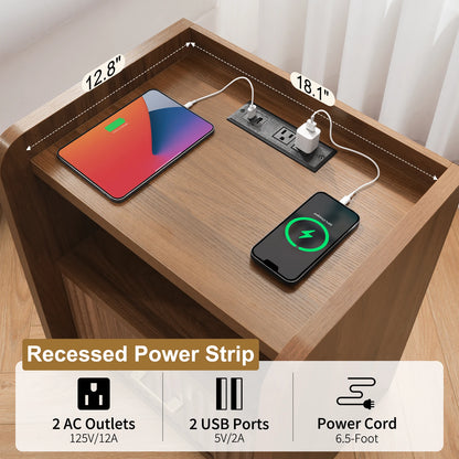 Fluted Nightstand with Charging Station,Wood Bedside Table Night Stand with Drawer and Open Shelf,Modern End Side Table for Bedroom Living Room