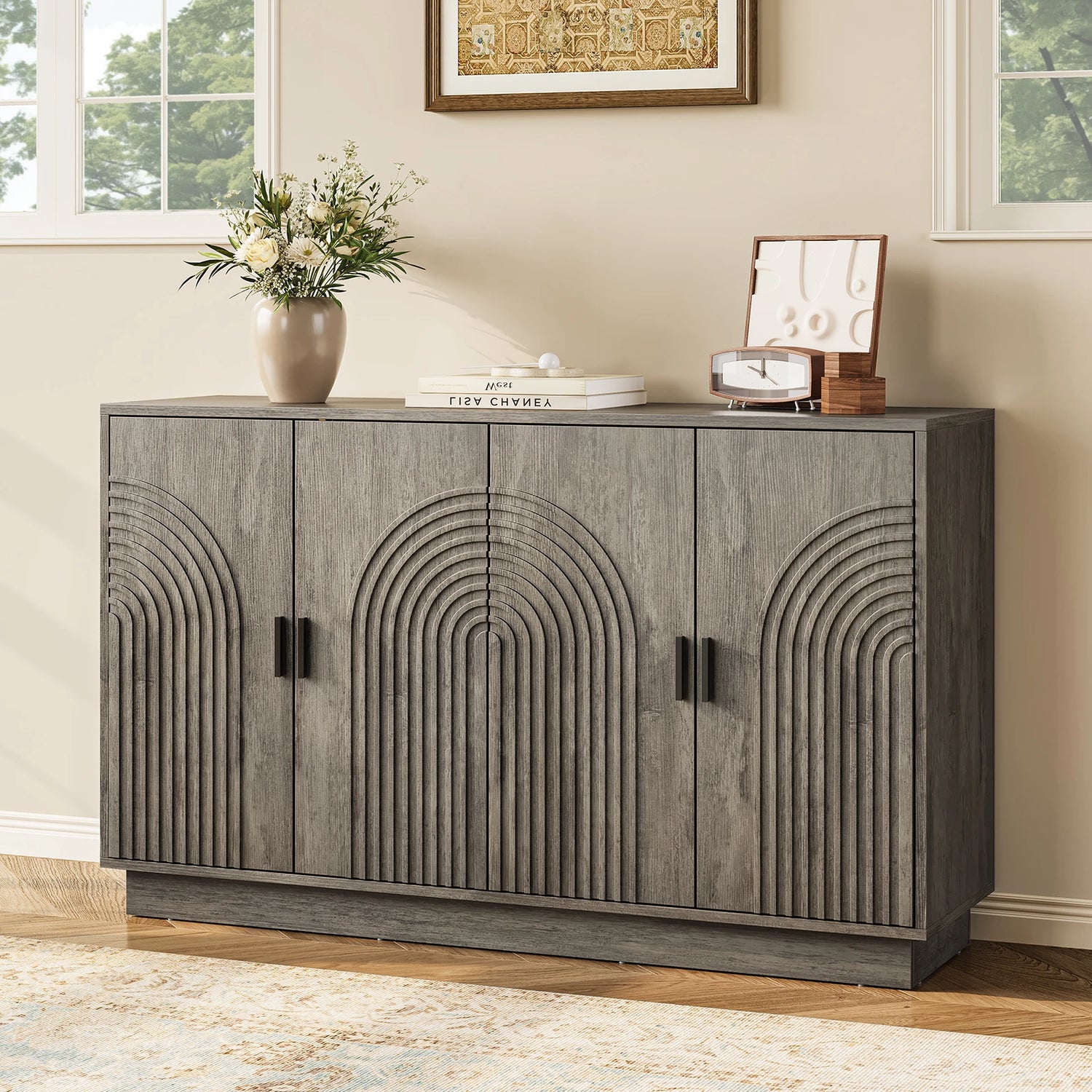 CURLA Fluted Sideboard Buffet Cabinet with Storage, 57" Coffee Bar Cabinet with 4 Doors &amp; Adjustable Shelf, Credenza for Kitchen Living Room