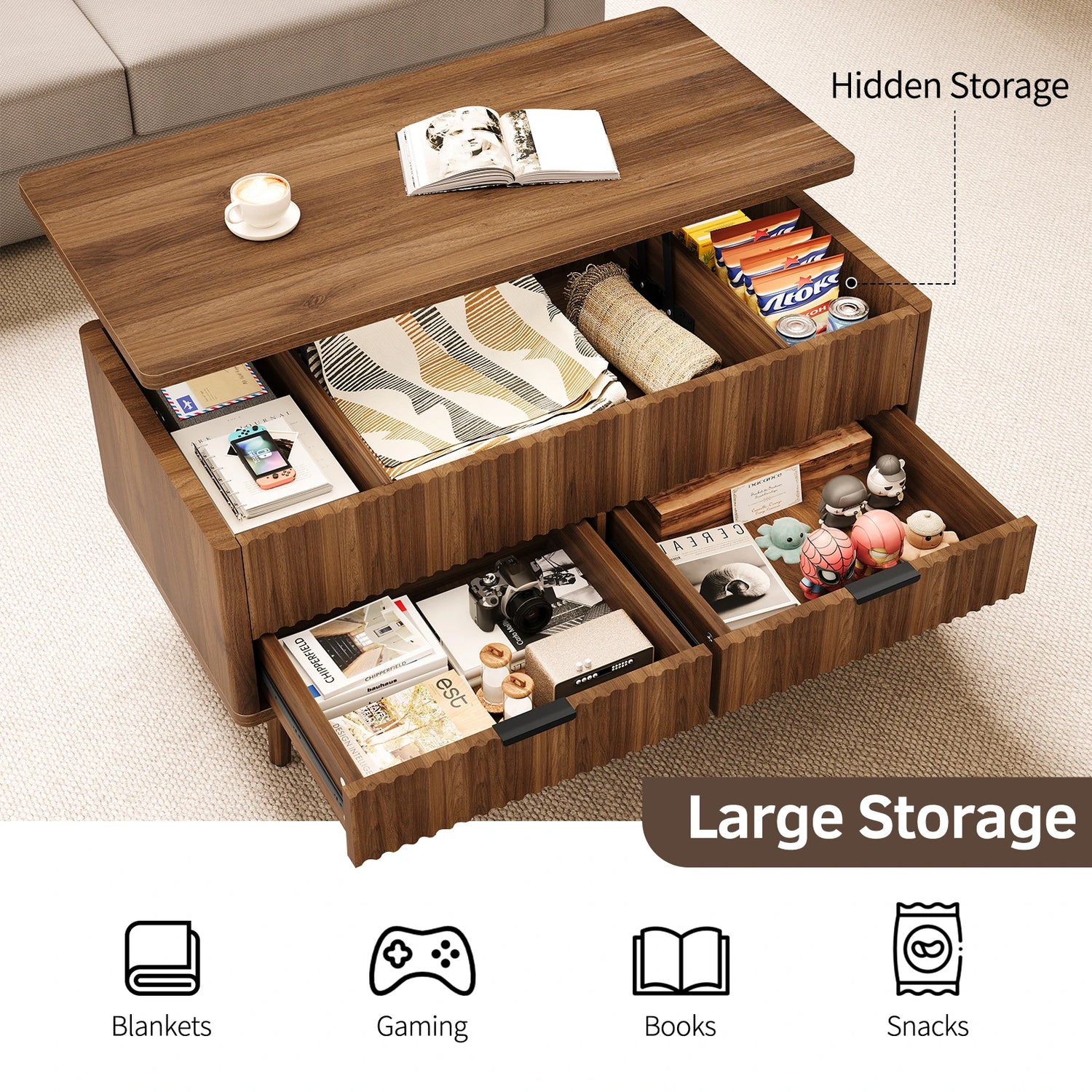 Lift Top Coffee Table with Storage, Wood Coffee Tables for Living Room with Drawers &amp; Hidden Compartment, Mid Century Modern Center Table，Walnut