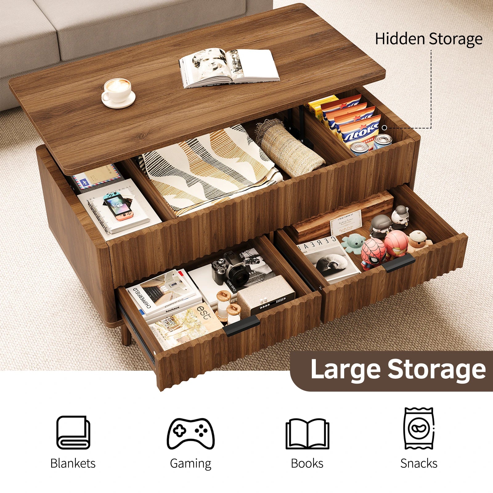 Lift Top Coffee Table with Storage, Wood Coffee Tables for Living Room with Drawers &amp; Hidden Compartment, Mid Century Modern Center Table，Walnut