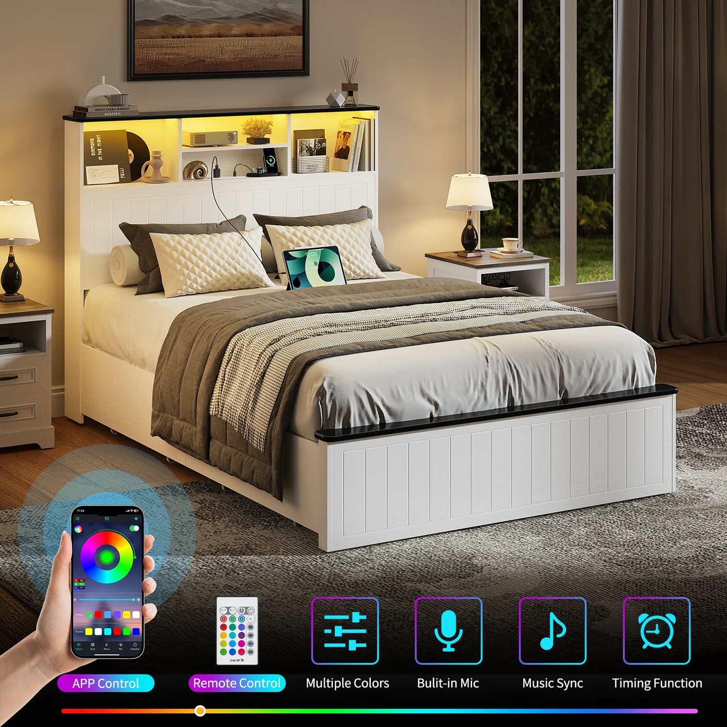 Full Size Bed Frame with Headboard, Farmhouse Wood Full Bed Frame with 4 Storage Drawers, Platform Beds with Charging Station &amp; LED Light
