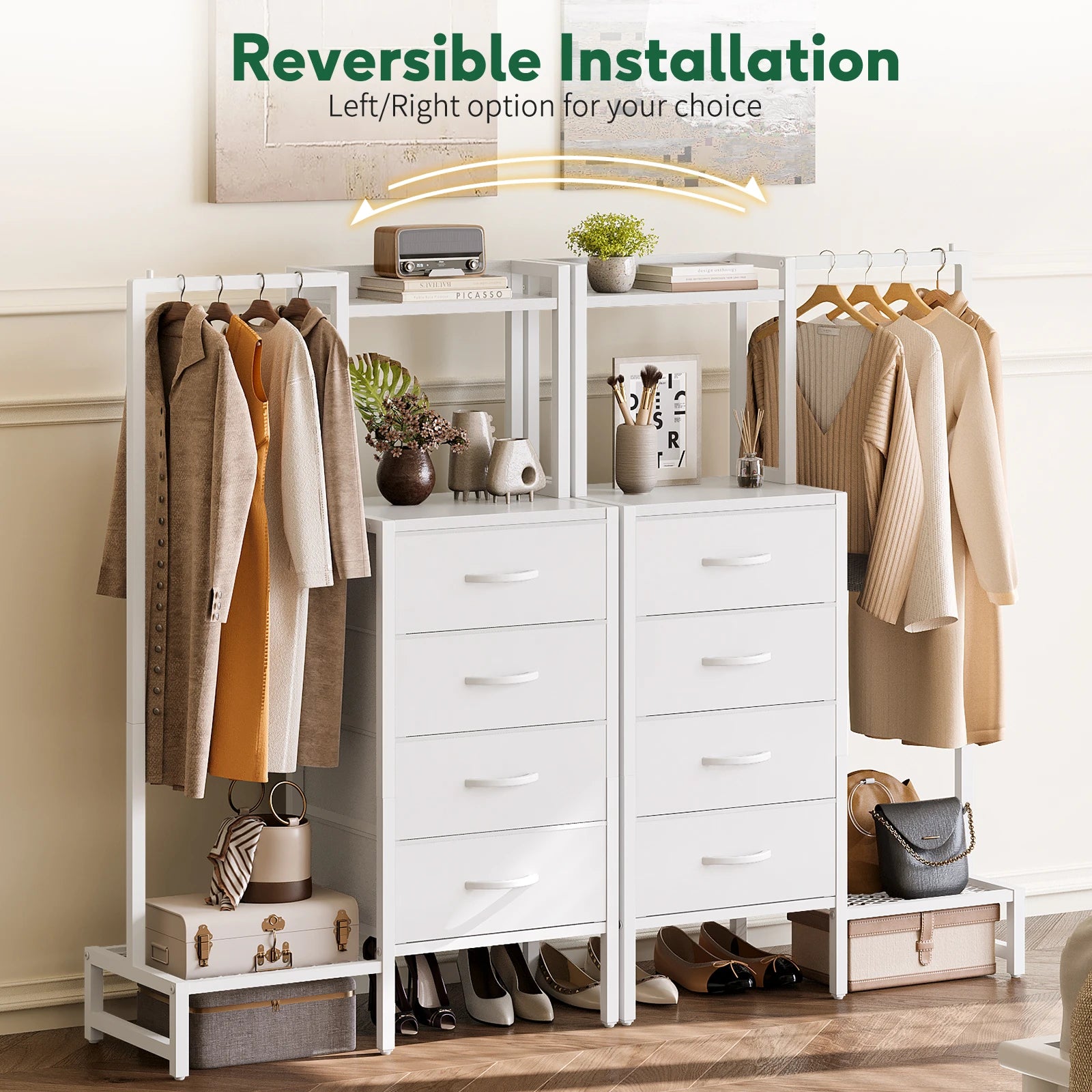 Yoob Small Dresser with Hanging Rack - Small Closet with 4 Fabric Storage Drawers, Chest of Drawer for Bedroom Entryway Dorm