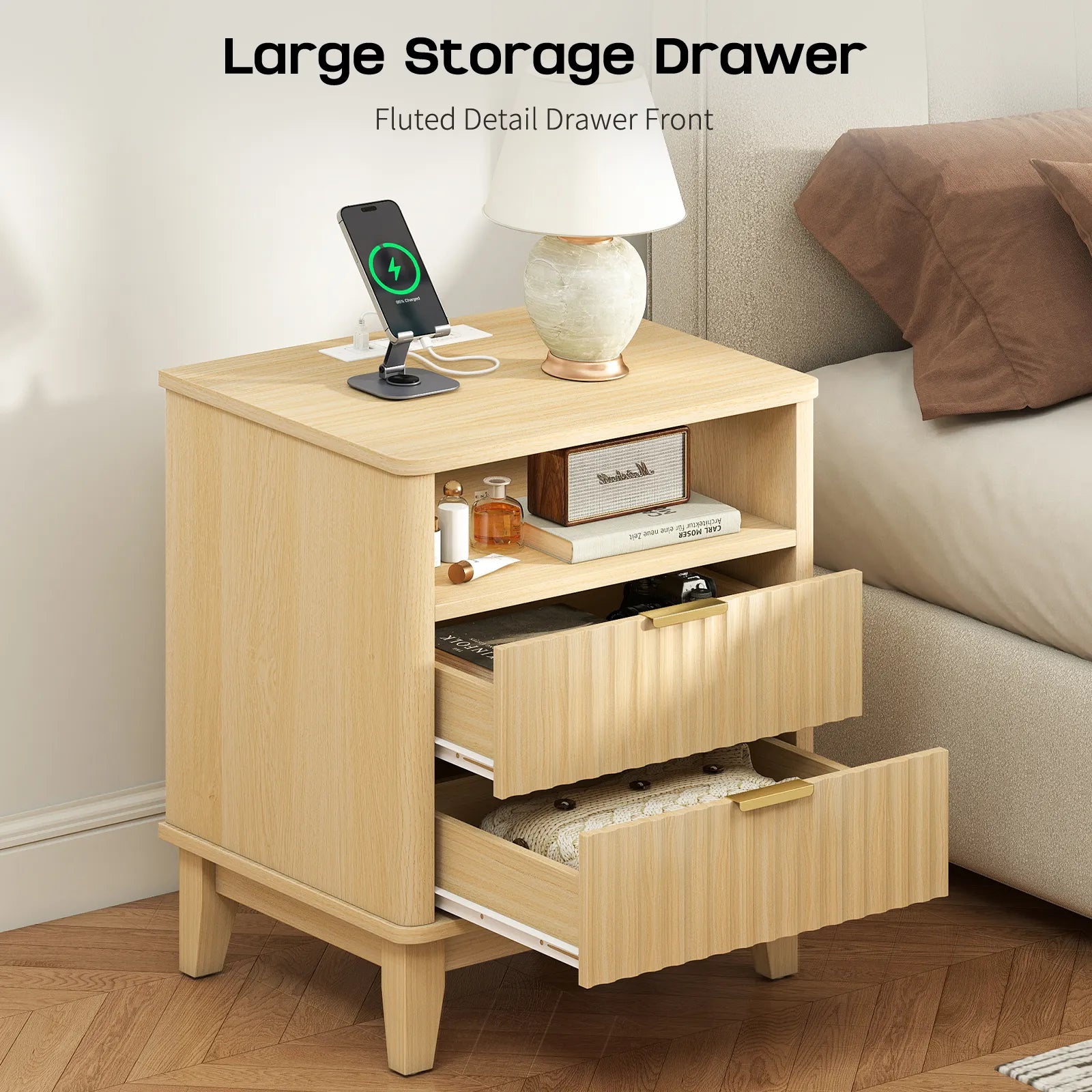 Night Stand with Charger Station, Fluted Nightstand with 2 Drawers and Storage Shelf, Mid Century Modern End Table for Bedroom Living Room