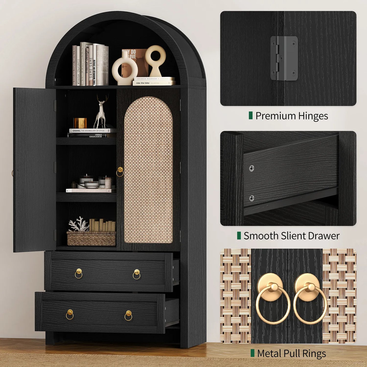 71" Tall Arched Kitchen Pantry Storage Cabinet, Food Pantry Cabinet Bookshelf with 2 Drawers, Wood Storage Cabinets with Door for Dining Room, Living Room