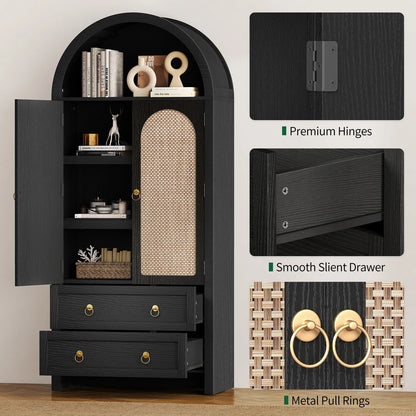 71" Tall Arched Kitchen Pantry Storage Cabinet, Food Pantry Cabinet Bookshelf with 2 Drawers, Wood Storage Cabinets with Door for Dining Room, Living Room