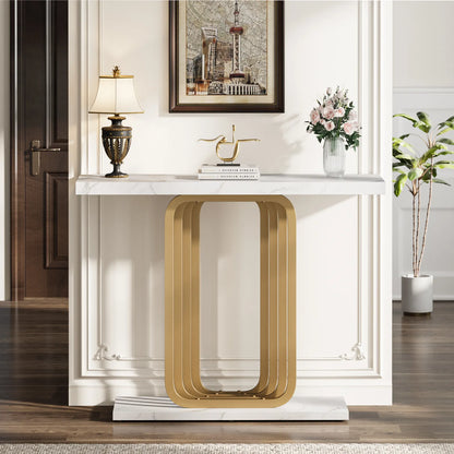 Narrow Console Table with Outlet, Industrial Entryway Table with Unique Base, Small Sofa Table, behind couch table for Entry Way Living Room,White