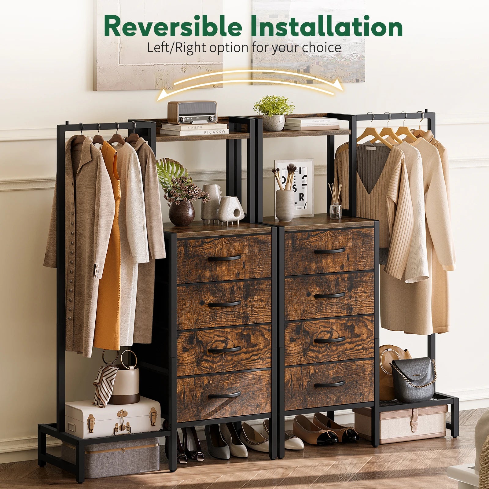 Yoob Small Dresser with Hanging Rack - Small Closet with 4 Fabric Storage Drawers, Chest of Drawer for Bedroom Entryway Dorm