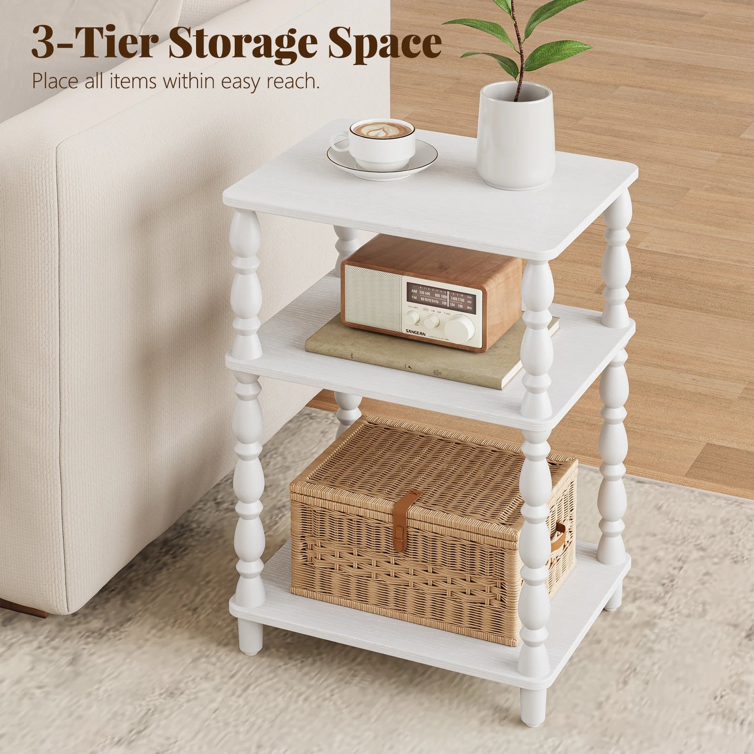 Maliowa Small Side Table with 3-Tier Shelf, Narrow Wood End Table for Small Spaces, Living Room Bedroom