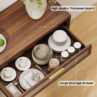 Rattan Buffet Cabinet with Storage, Sideboard Cabinet with Doors and Shelves, Accent Storage Cabinet with Drawers, Wood Coffee Bar for Kitchen