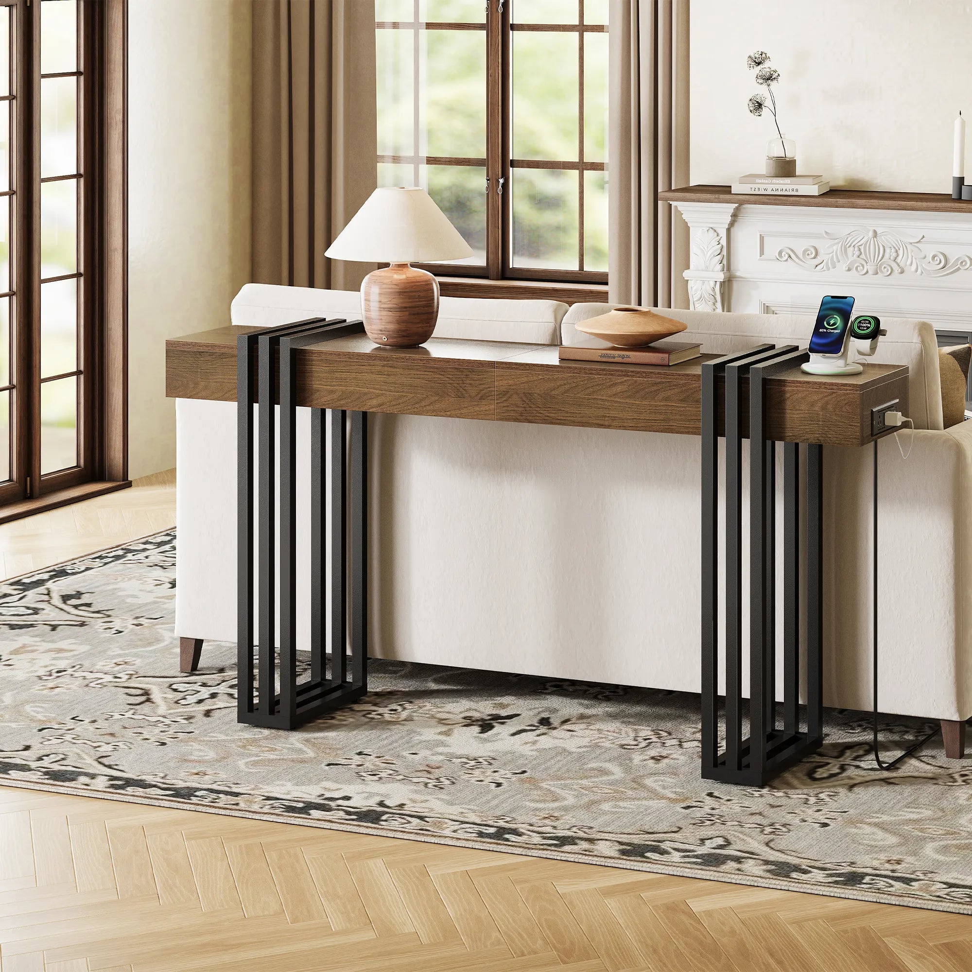 63" Long Console Table, Wood Entryway Table with Black Parallel Metal Frame &amp; Outlet, Behind Couch Table for Hallway Living Room Foyer, Walnut