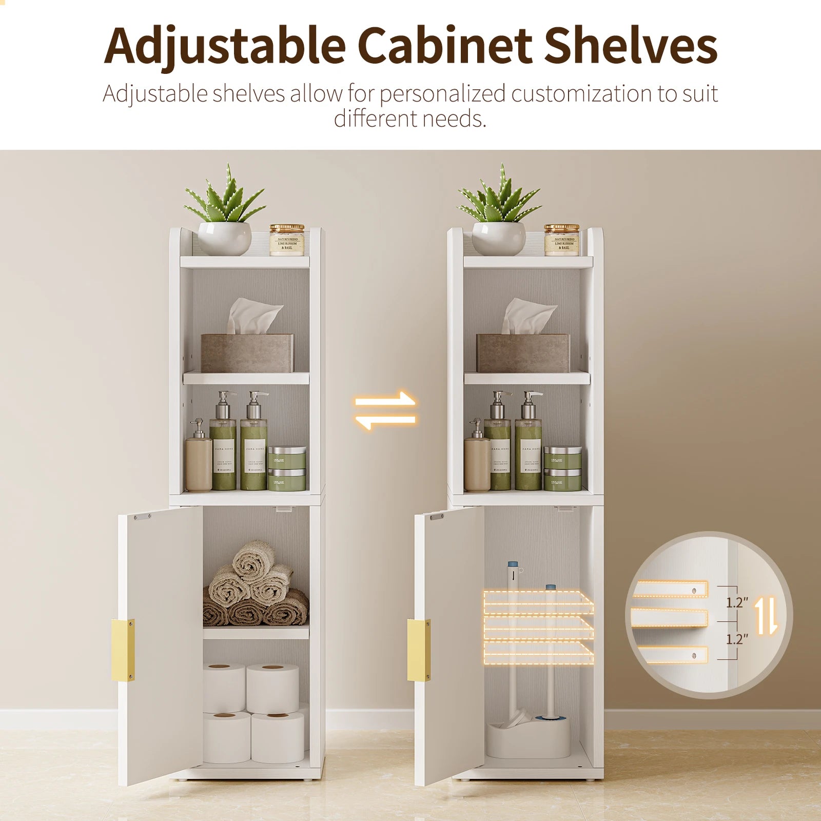 Maliowa Small Bathroom Storage Cabinet, Narrow Bathroom Cabinet with Fluted Door&amp;Adjustable Shelf, Wood Toilet Paper Storage Cabinets for Small Space