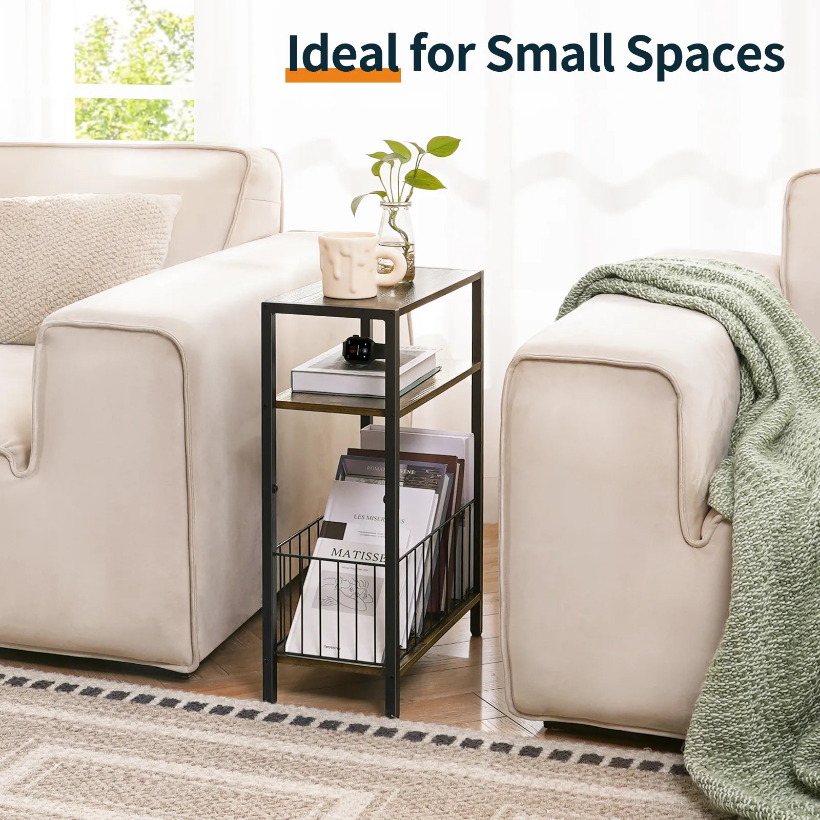 Yoob Narrow Side Table with Storage Basket, Small End Table for Small Spaces, Skinny End Tables Living Room Bedroom Office, 3 Tier Slim Nightstand