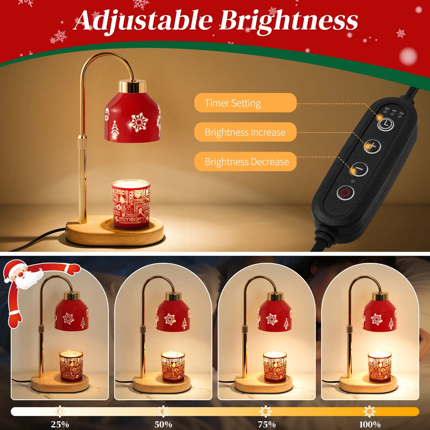 Christmas Candle Warmer Lamp with Timer, Adjustable Height Dimmable Candle Lamp Warmer - Gifts for Home Decor，Christmas Red