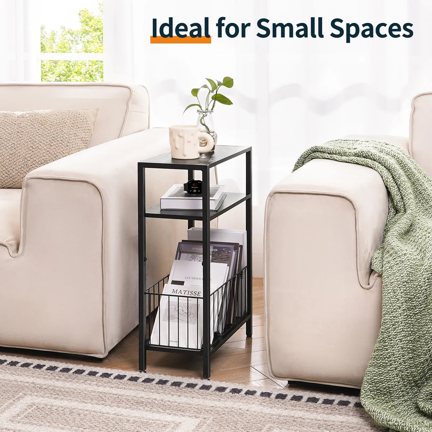 Yoob Narrow Side Table with Storage Basket, Small End Table for Small Spaces, Skinny End Tables Living Room Bedroom Office, 3 Tier Slim Nightstand