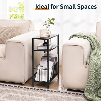 Yoob Narrow Side Table with Storage Basket, Small End Table for Small Spaces, Skinny End Tables Living Room Bedroom Office, 3 Tier Slim Nightstand