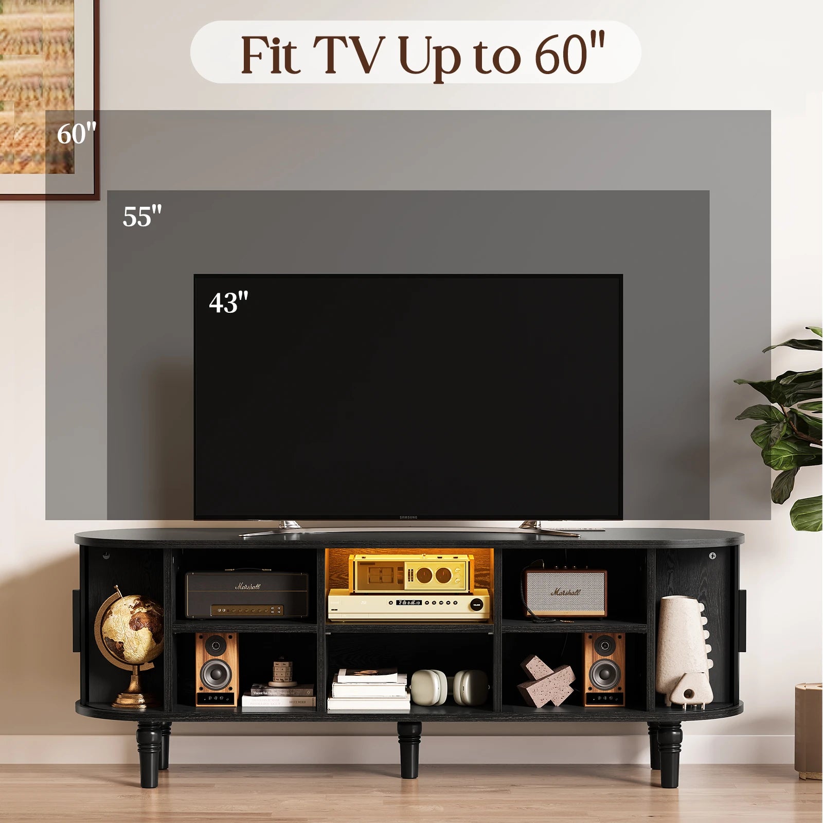 CURLA 55" TV Stand with Power Outlet, Entertainment Center with Sliding Tambour Door, Modern TV Stands for Living Room Bedroom, LED Media Console