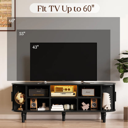 CURLA 55" TV Stand with Power Outlet, Entertainment Center with Sliding Tambour Door, Modern TV Stands for Living Room Bedroom, LED Media Console