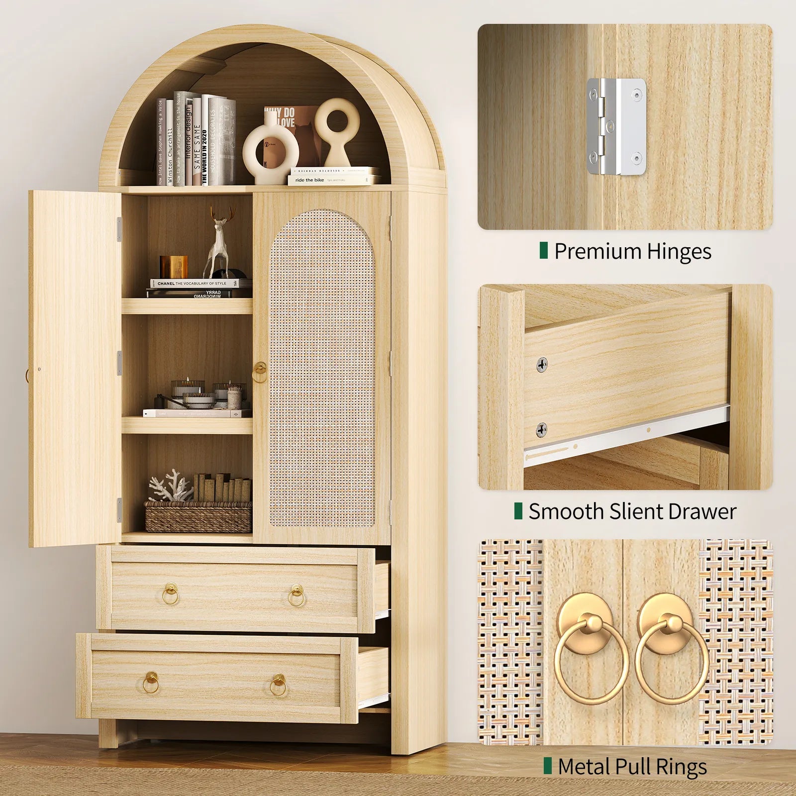 71" Tall Arched Kitchen Pantry Storage Cabinet, Food Pantry Cabinet Bookshelf with 2 Drawers, Wood Storage Cabinets with Door for Dining Room, Living Room