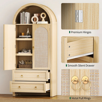 71" Tall Arched Kitchen Pantry Storage Cabinet, Food Pantry Cabinet Bookshelf with 2 Drawers, Wood Storage Cabinets with Door for Dining Room, Living Room