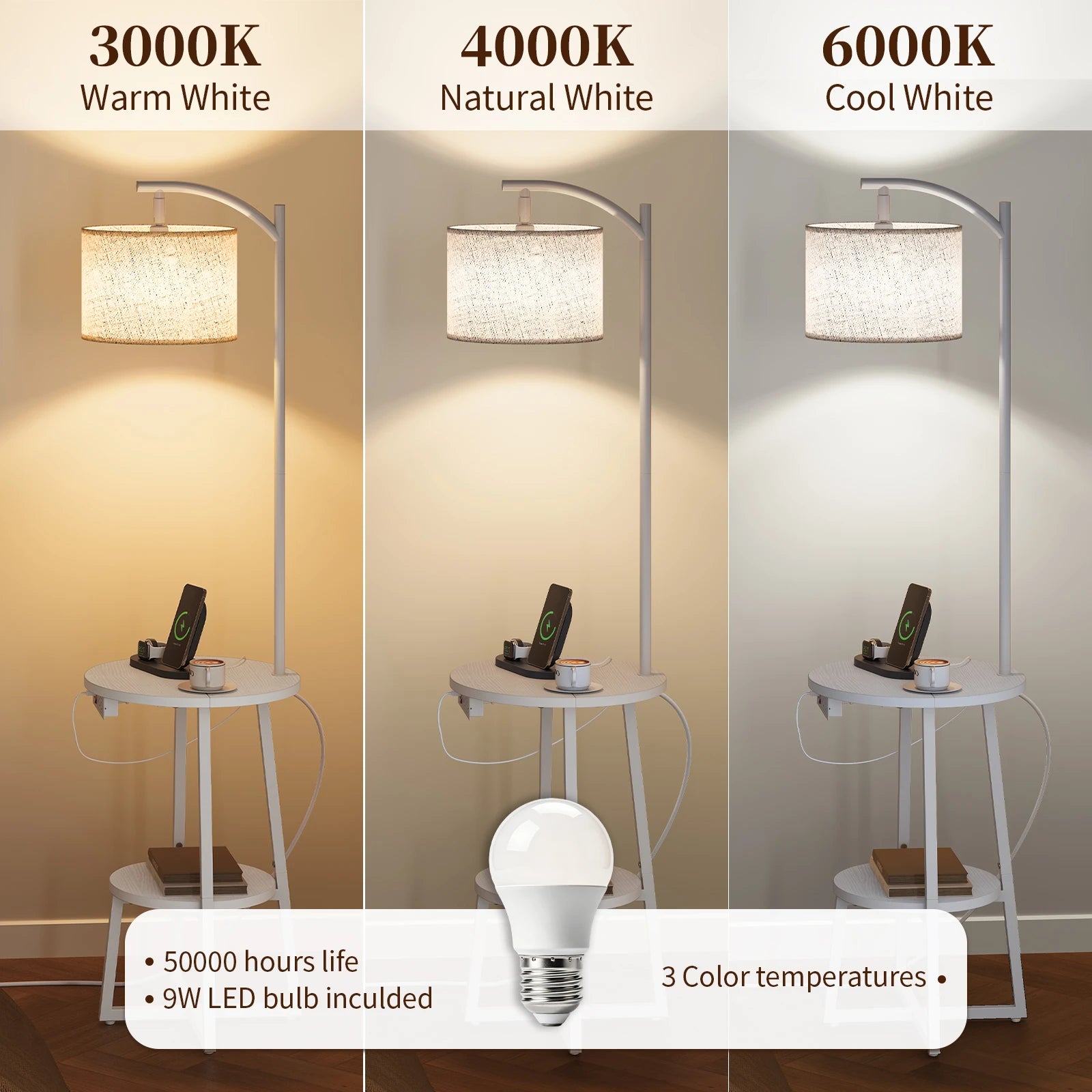 Maliowa Floor Lamp with Table, Attached End Table with Dimmable Lamp &amp; Charging Station, Side Table Lamps for Living Room Bedroom