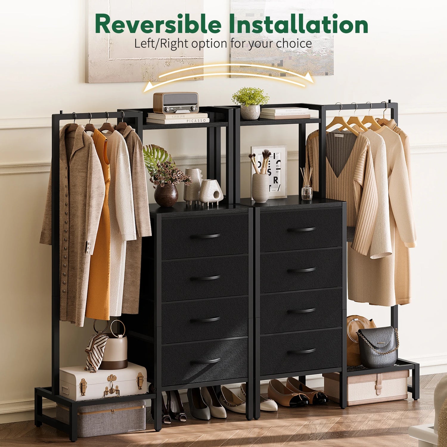 Yoob Small Dresser with Hanging Rack - Small Closet with 4 Fabric Storage Drawers, Chest of Drawer for Bedroom Entryway Dorm