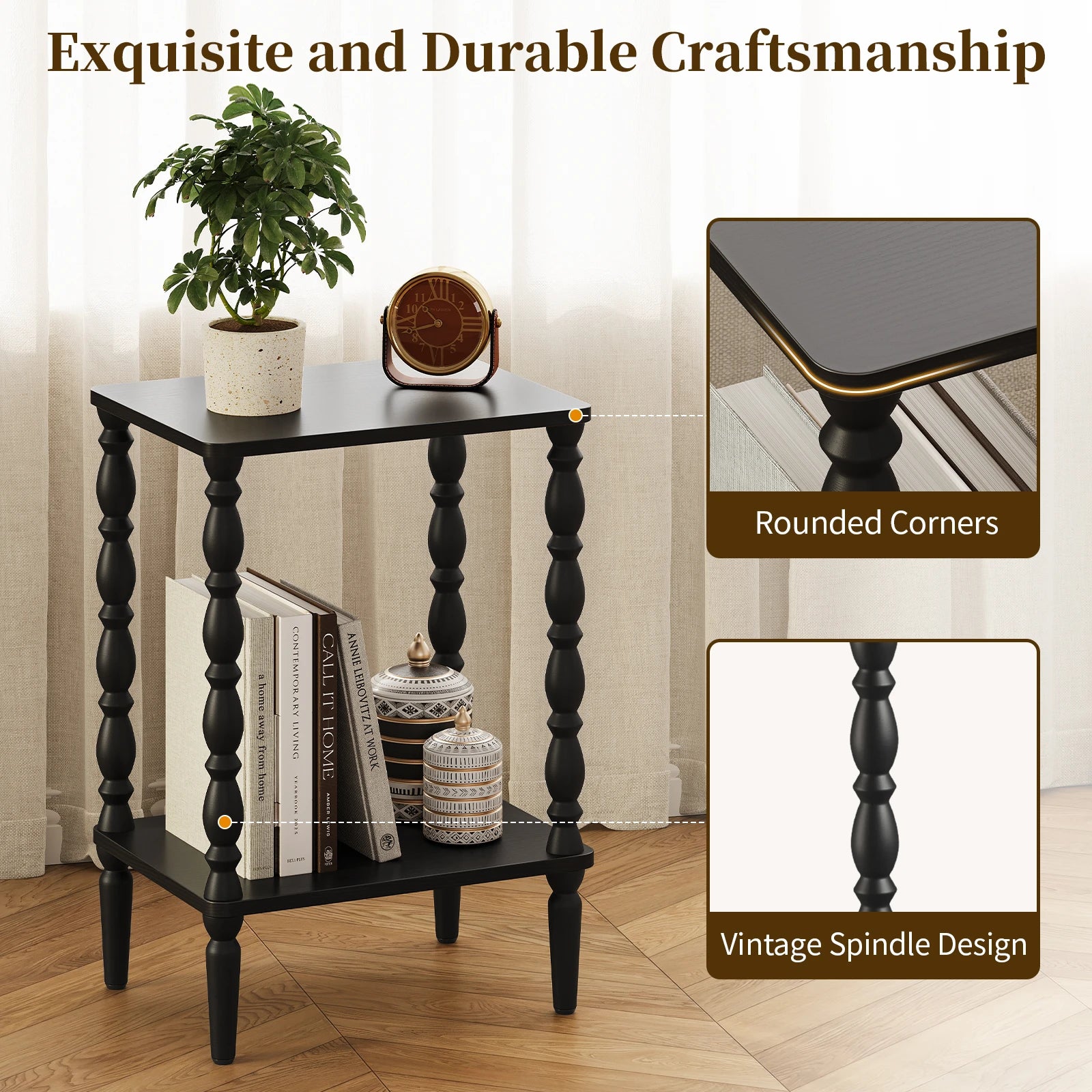 Maliowa 2-Tier Side Table, Small End Table for Living Room Bedroom with Storage Shelf, Vintage Accent Table Nightstand with Spindle Legs