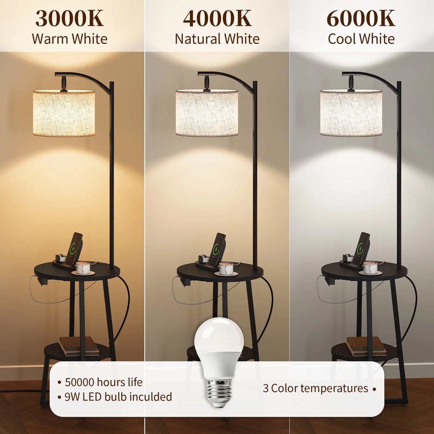 Maliowa Floor Lamp with Table, Attached End Table with Dimmable Lamp &amp; Charging Station, Side Table Lamps for Living Room Bedroom