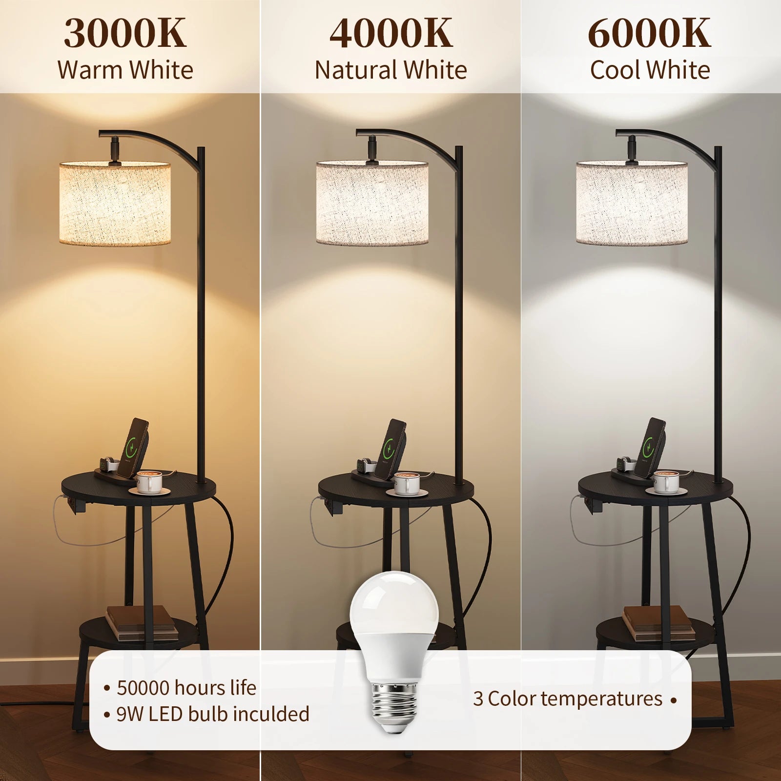 Maliowa Floor Lamp with Table, Attached End Table with Dimmable Lamp &amp; Charging Station, Side Table Lamps for Living Room Bedroom