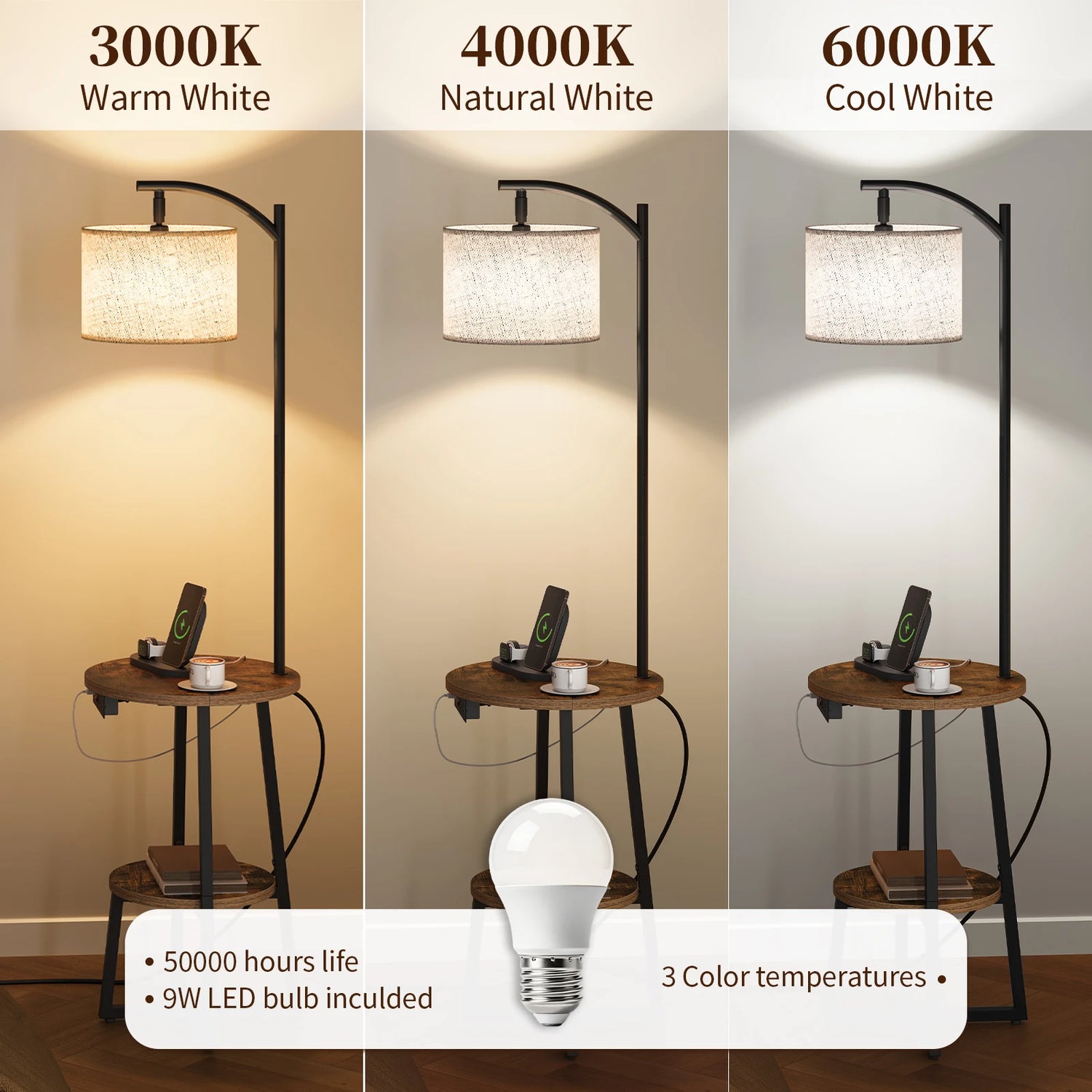 Maliowa Floor Lamp with Table, Attached End Table with Dimmable Lamp &amp; Charging Station, Side Table Lamps for Living Room Bedroom