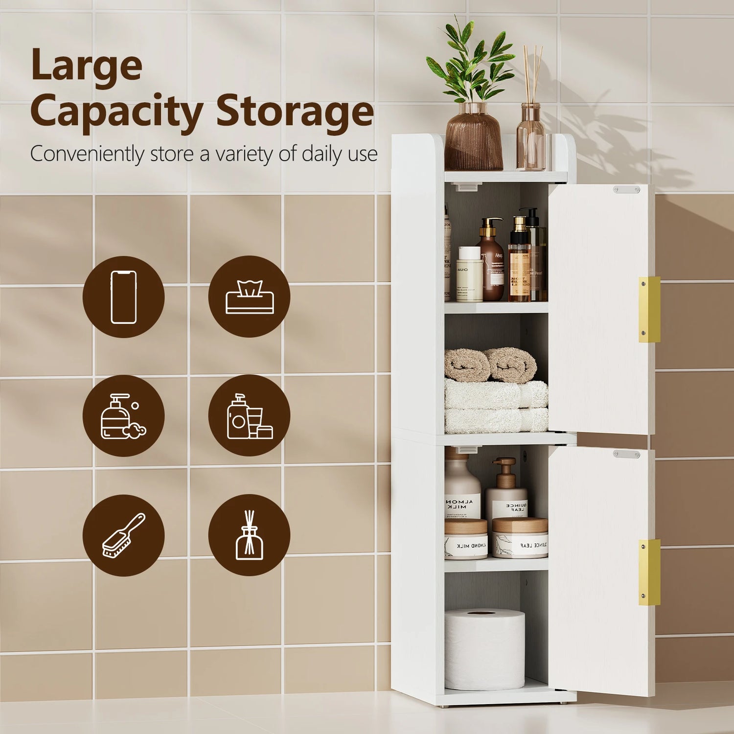 Maliowa Small Bathroom Storage Cabinet, Narrow Toilet Paper Storage Cabinet with 2 Doors &amp; Adjustable Shelves, Slim Storage Cabinets for Small Space