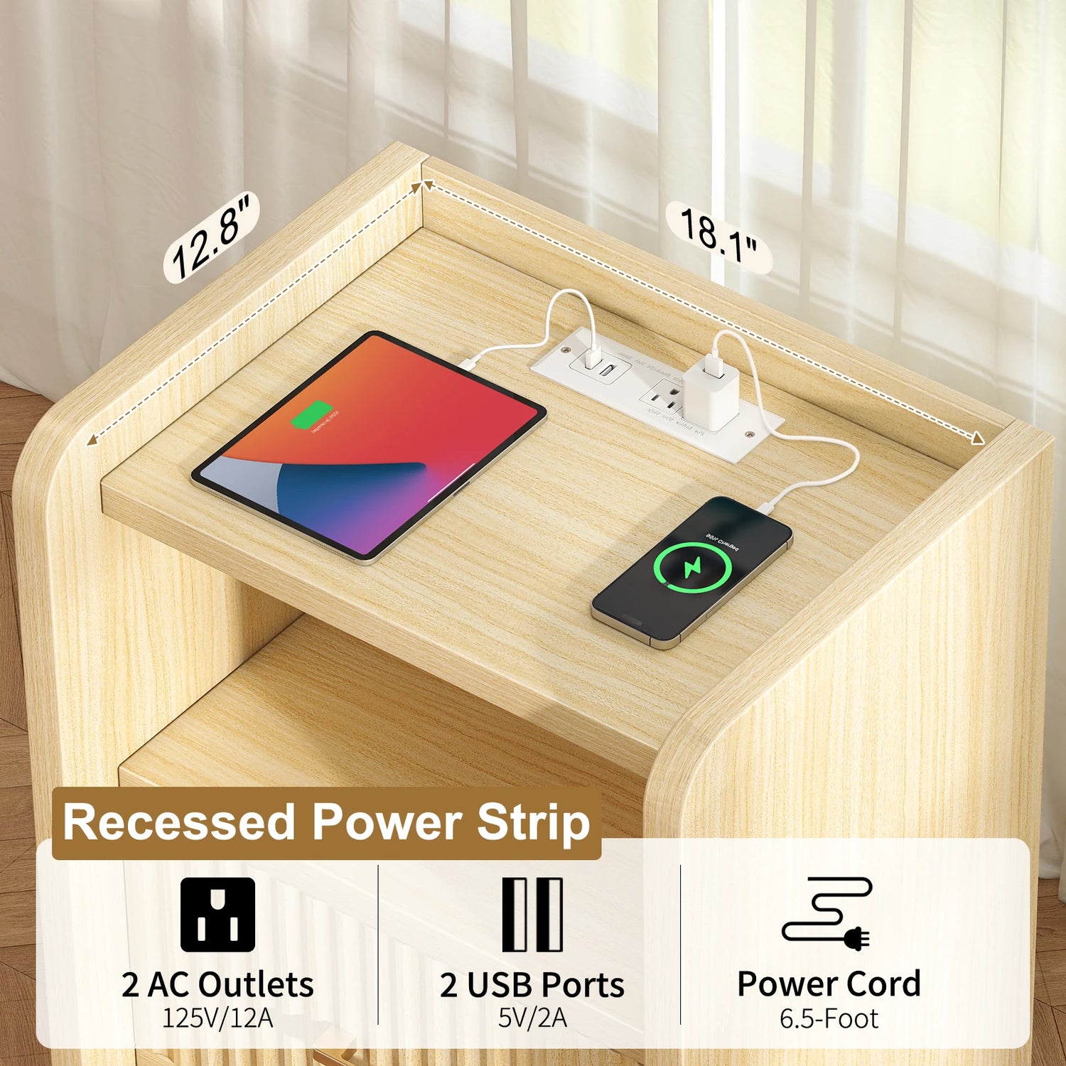 Fluted Nightstand with Charging Station,Wood Bedside Table Night Stand with Drawer and Open Shelf,Modern End Side Table for Bedroom Living Room