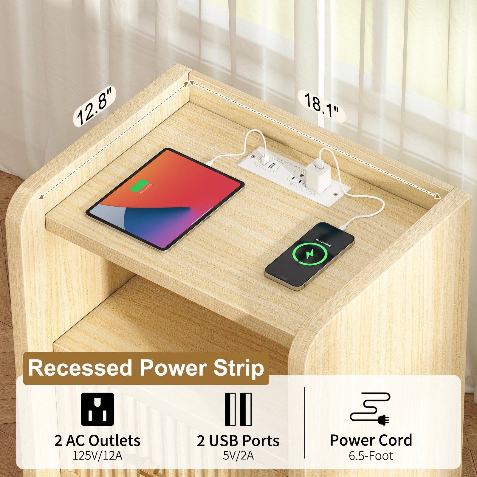Fluted Nightstand with Charging Station,Wood Bedside Table Night Stand with Drawer and Open Shelf,Modern End Side Table for Bedroom Living Room