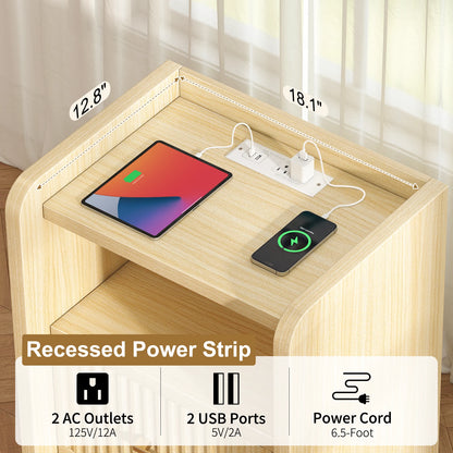 Fluted Nightstand with Charging Station,Wood Bedside Table Night Stand with Drawer and Open Shelf,Modern End Side Table for Bedroom Living Room