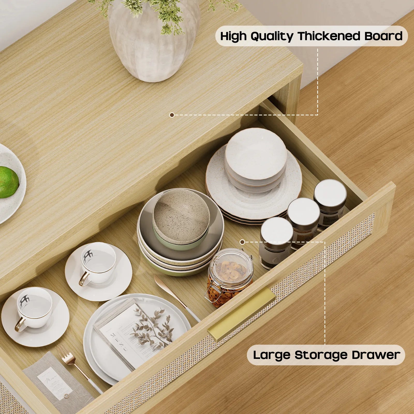 Rattan Buffet Cabinet with Storage, Sideboard Cabinet with Doors and Shelves, Accent Storage Cabinet with Drawers, Wood Coffee Bar for Kitchen