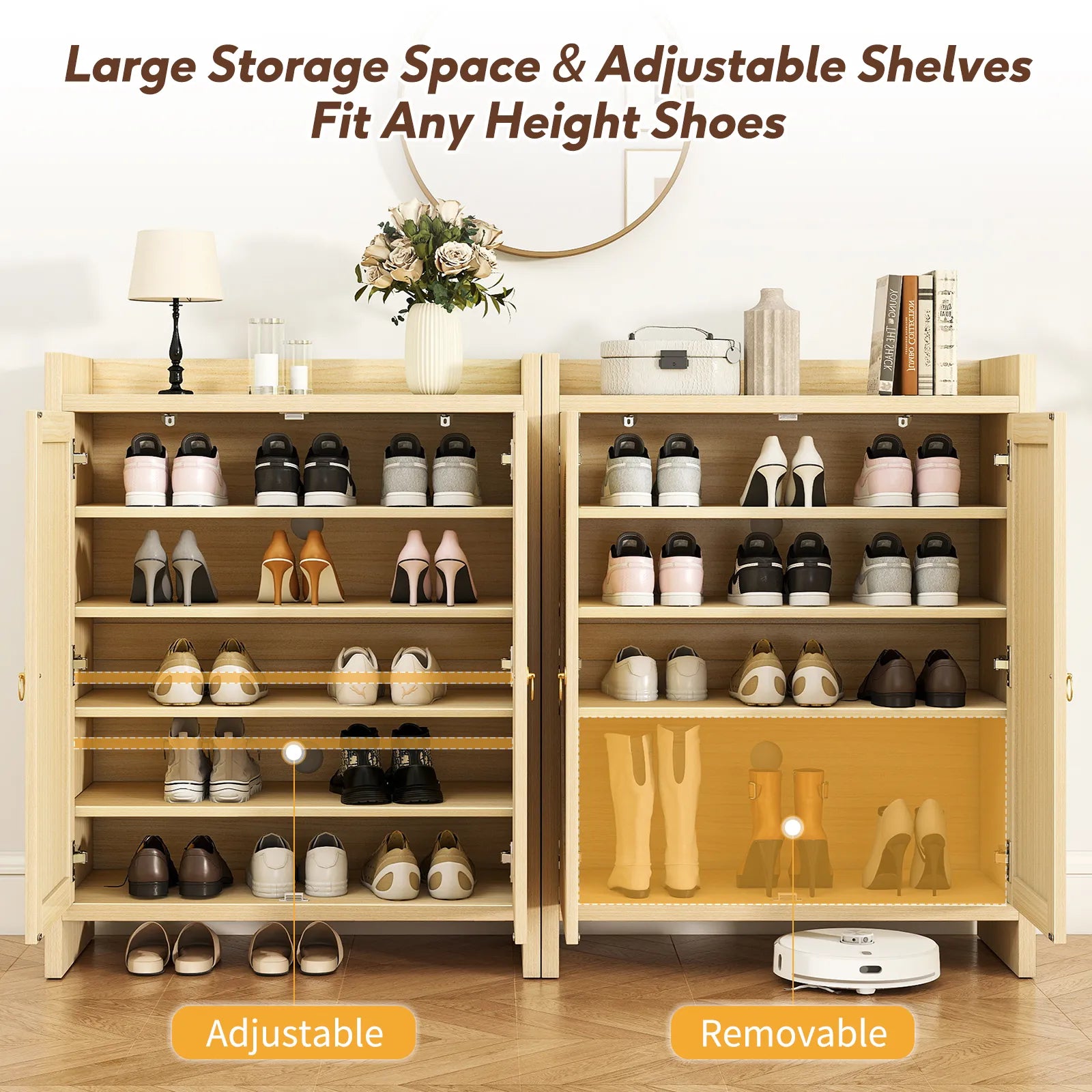 CURLA Rattan Shoe Cabinet Storage for Entryway, Entry Way Shoe Storage Cabinet with Adjustable Shelves, Wood Shoe Organizer Cabinet, Accent Cabinet with Doors for Entrance Hallway Living Room Foyer