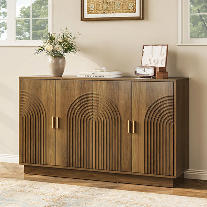 CURLA Fluted Sideboard Buffet Cabinet with Storage, 57" Coffee Bar Cabinet with 4 Doors &amp; Adjustable Shelf, Credenza for Kitchen Living Room