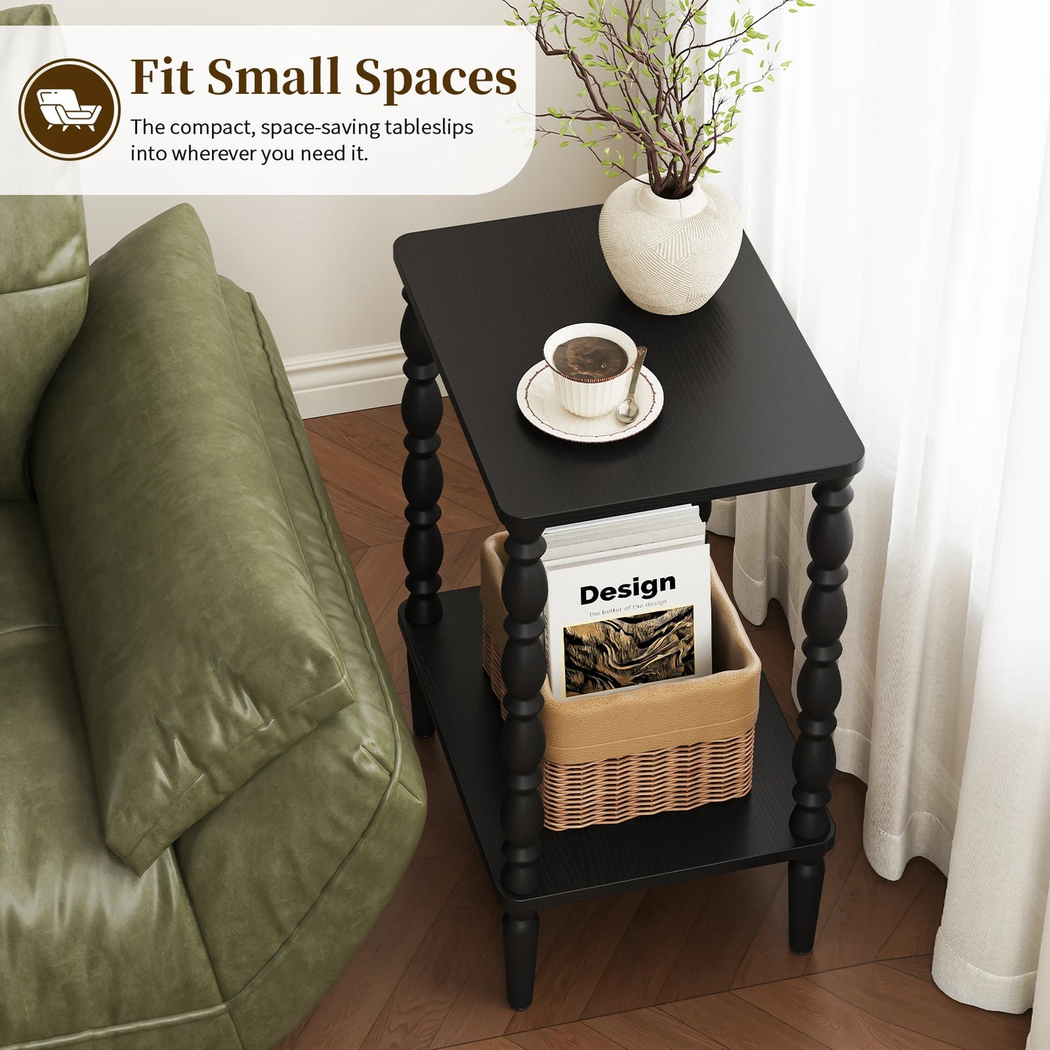 Maliowa 2-Tier Side Table, Small End Table for Living Room Bedroom with Storage Shelf, Vintage Accent Table Nightstand with Spindle Legs
