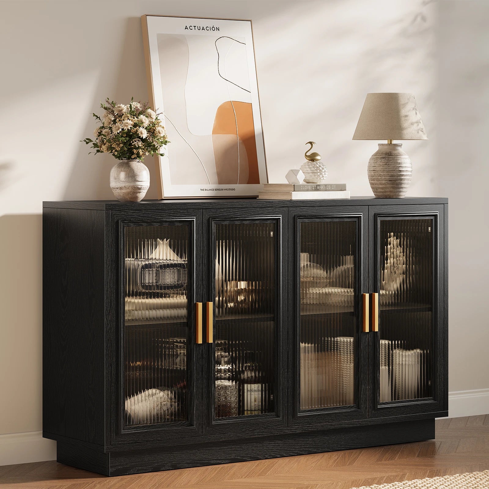 CURLA 55.1" Sideboard Buffet Cabinet with Storage,  Wood Kitchen Cabinet with 4 Fluted Doors, Large Buffet Table, Credenza Coffee Bar for Dining Living Room