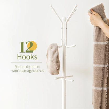 Coat Rack Freestanding, Coat Tree with Umbrella Holder, Metal Coat Rack Stand with 12 Hooks, Hall Tree Purse Rack for Entryway, Living Room