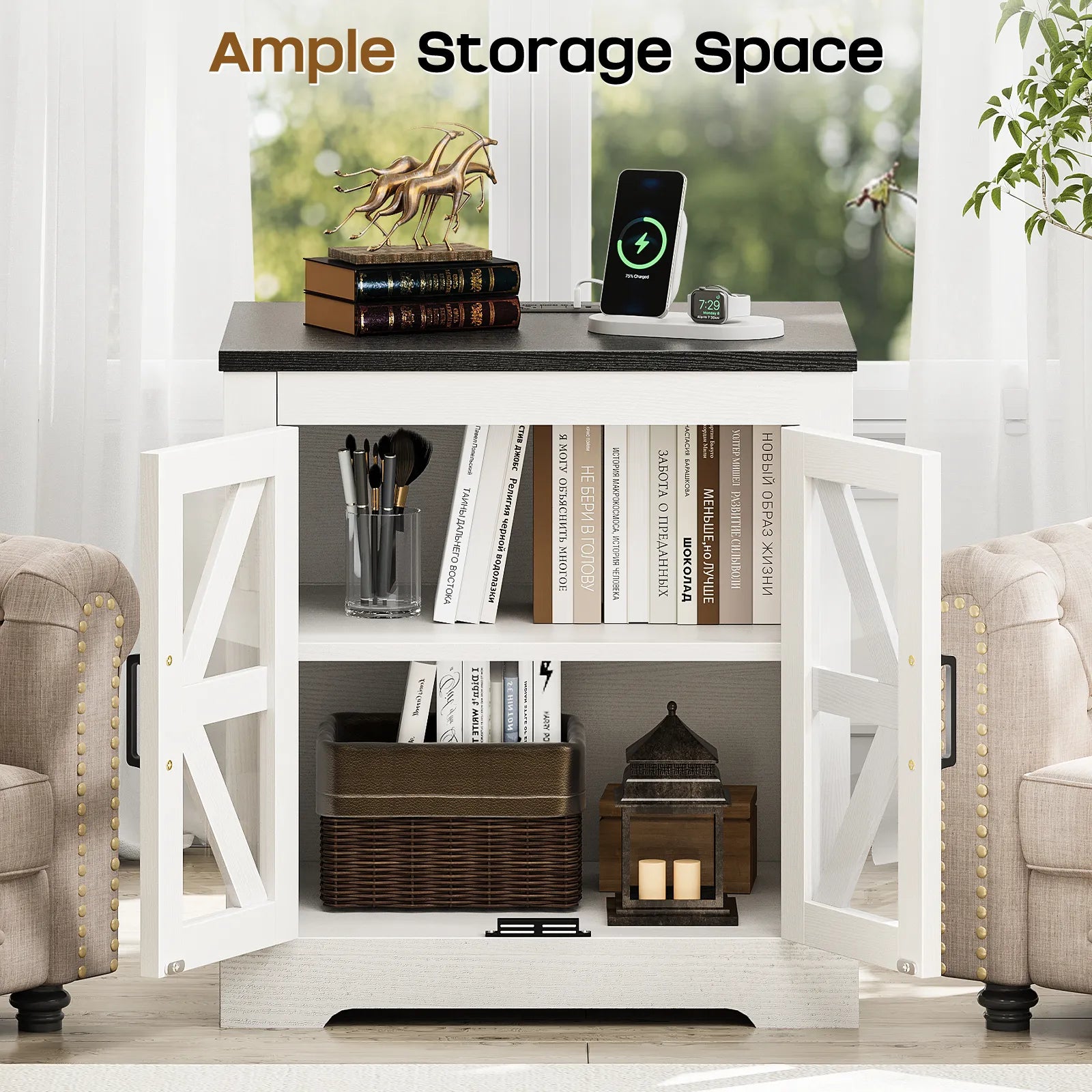 Curlaky Farmhouse Nightstand with Charging Station, Night Stand Side Table with Storage Cabinet, End Table with Adjustable Shelf, Side Tables Bedroom