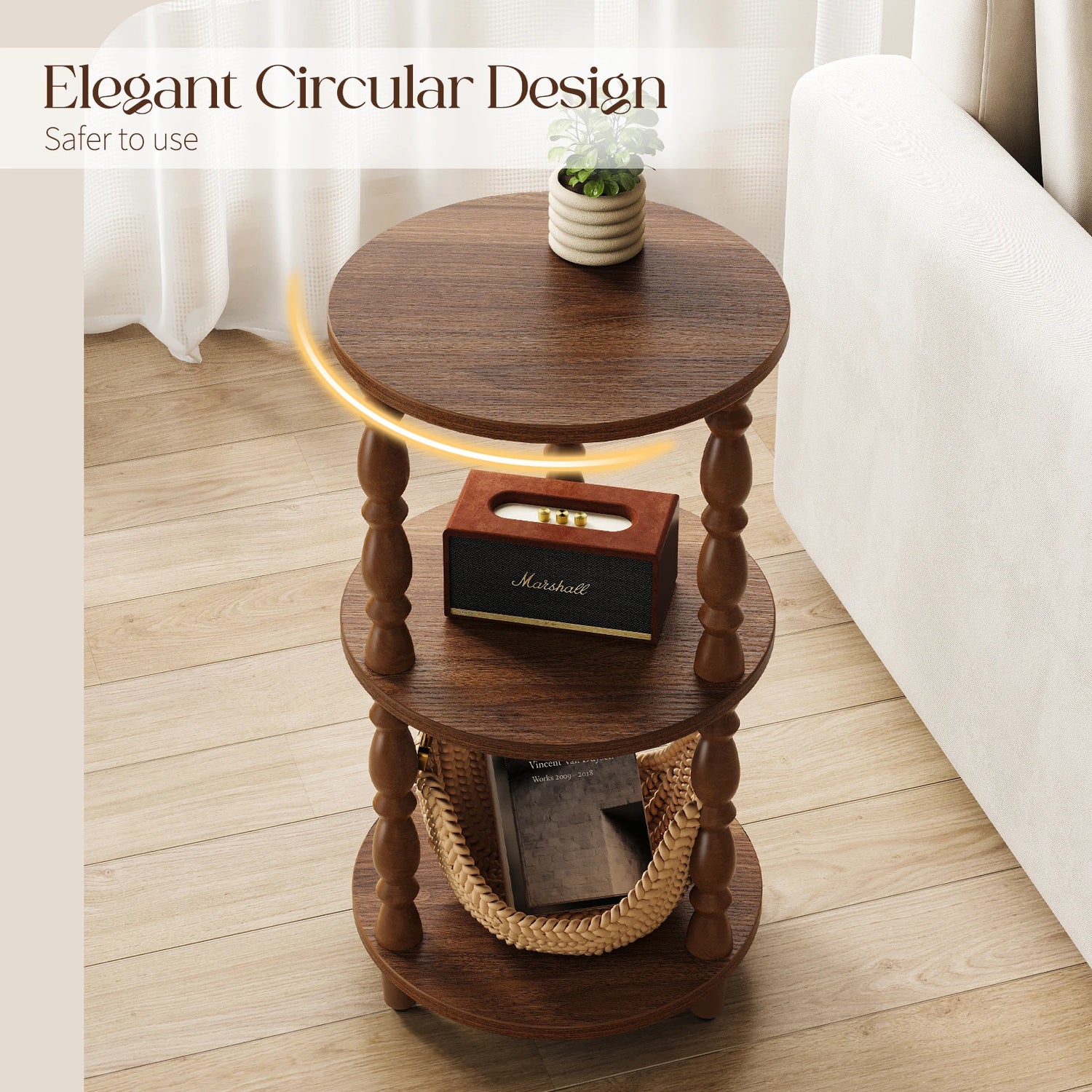 Maliowa 3-Tier Side Table, Small Round End Table for Living Room Bedroom, Accent Table Narrow Nightstand with Storage Shelf