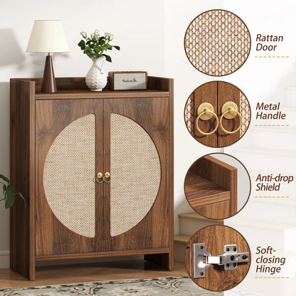 CURLA Rattan Shoe Cabinet Storage for Entryway, Entry Way Shoe Storage Cabinet with Adjustable Shelves, Wood Shoe Organizer Cabinet, Accent Cabinet with Doors for Entrance Hallway Living Room Foyer