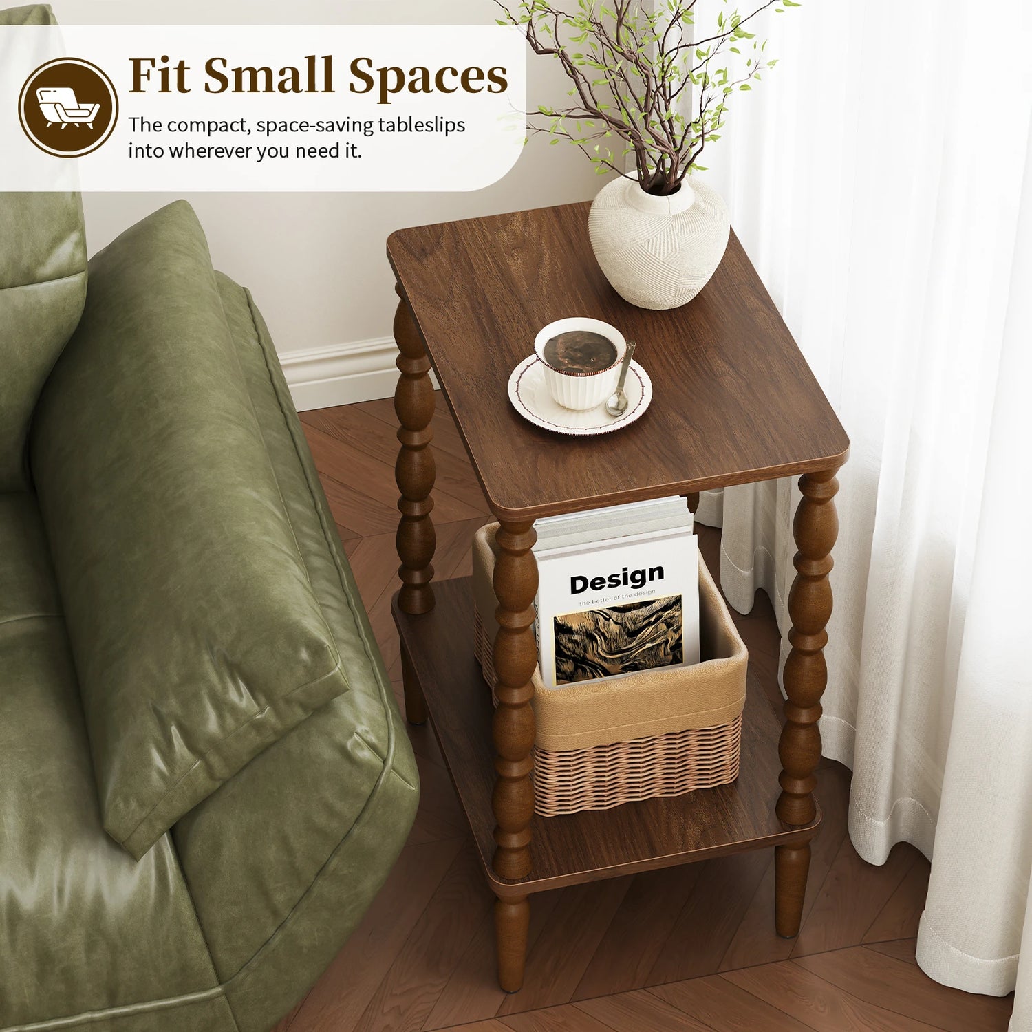 Maliowa 2-Tier Side Table, Small End Table for Living Room Bedroom with Storage Shelf, Vintage Accent Table Nightstand with Spindle Legs