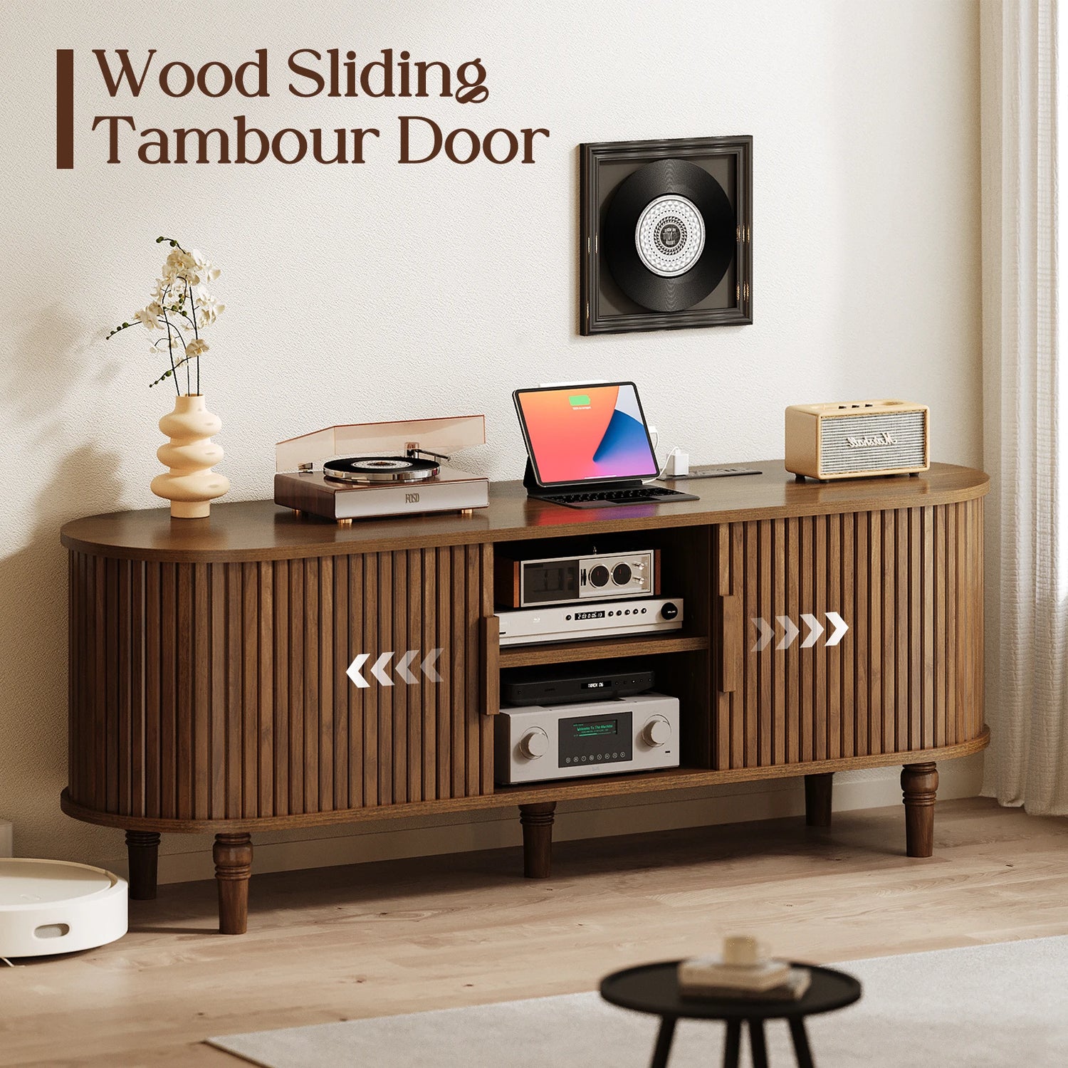CURLA 55" TV Stand with Power Outlet, Entertainment Center with Sliding Tambour Door, Modern TV Stands for Living Room Bedroom, LED Media Console