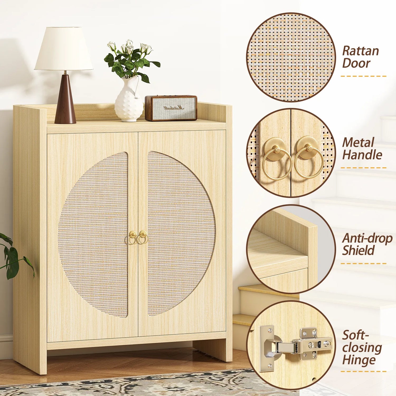 CURLA Rattan Shoe Cabinet Storage for Entryway, Entry Way Shoe Storage Cabinet with Adjustable Shelves, Wood Shoe Organizer Cabinet, Accent Cabinet with Doors for Entrance Hallway Living Room Foyer
