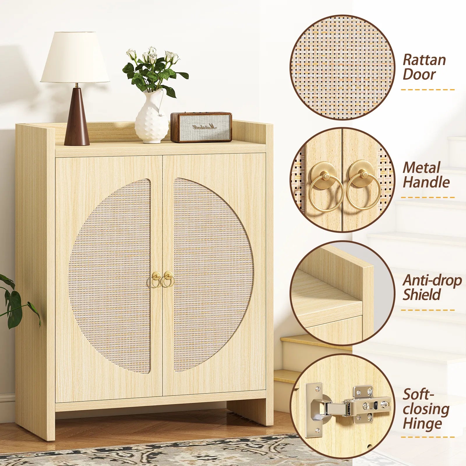 CURLA Rattan Shoe Cabinet Storage for Entryway, Entry Way Shoe Storage Cabinet with Adjustable Shelves, Wood Shoe Organizer Cabinet, Accent Cabinet with Doors for Entrance Hallway Living Room Foyer