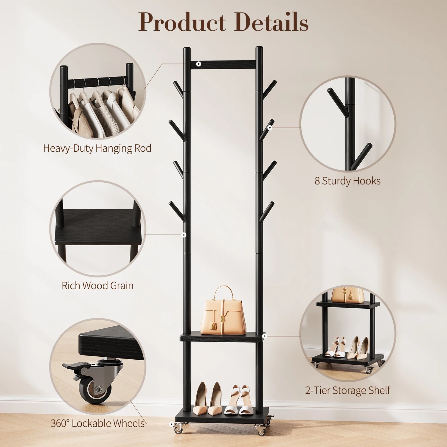 Solid Wood Coat Rack Freestanding, Rolling Clothes Rack with Wheels, Clothing Rack with 8 Hooks &amp; Shelevs, Clothing Racks for Hanging Clothes