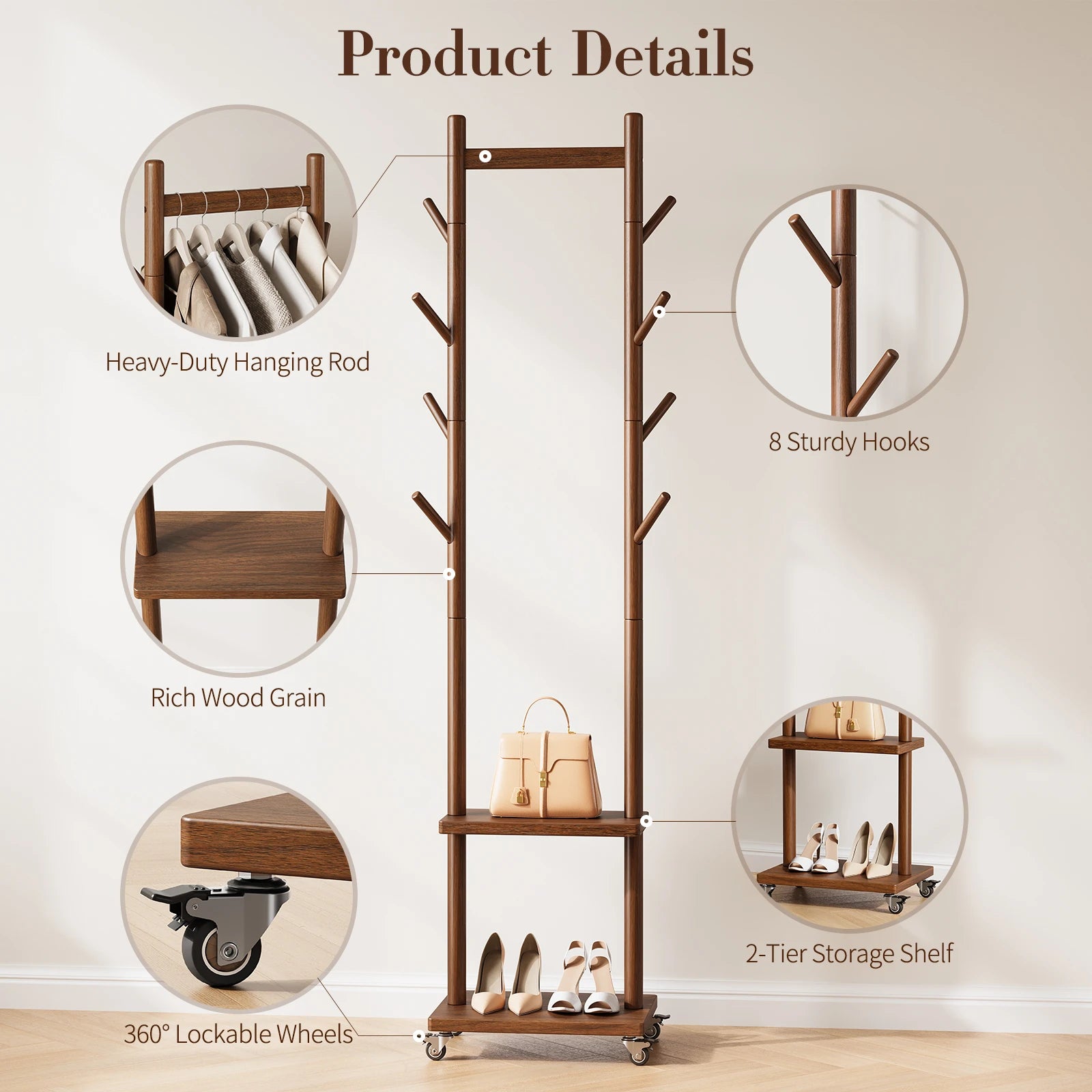 Solid Wood Coat Rack Freestanding, Rolling Clothes Rack with Wheels, Clothing Rack with 8 Hooks &amp; Shelevs, Clothing Racks for Hanging Clothes