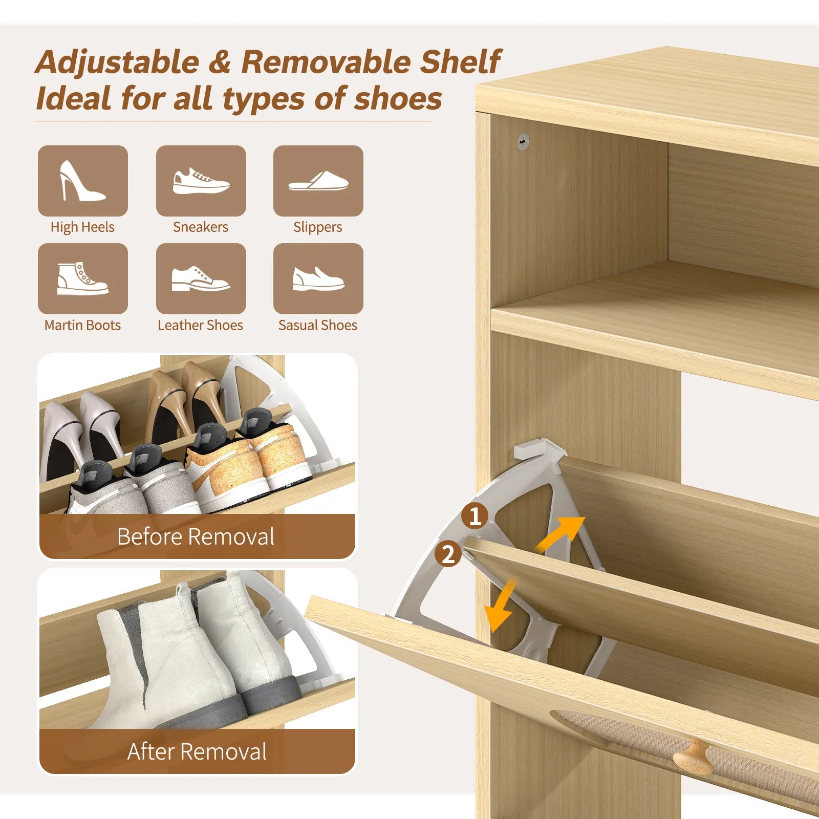 Rattan Shoe Cabinet with 2 Flip Drawers, Narrow Shoe Storage Cabinet with Adjustable Shelves, Wood Shoe Cabinet Storage for Entryway, Hallway
