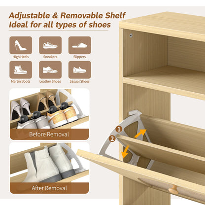 Rattan Shoe Cabinet with 2 Flip Drawers, Narrow Shoe Storage Cabinet with Adjustable Shelves, Wood Shoe Cabinet Storage for Entryway, Hallway